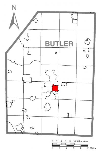  Map of Butler, Butler County, Pennsylvania Highlighted
